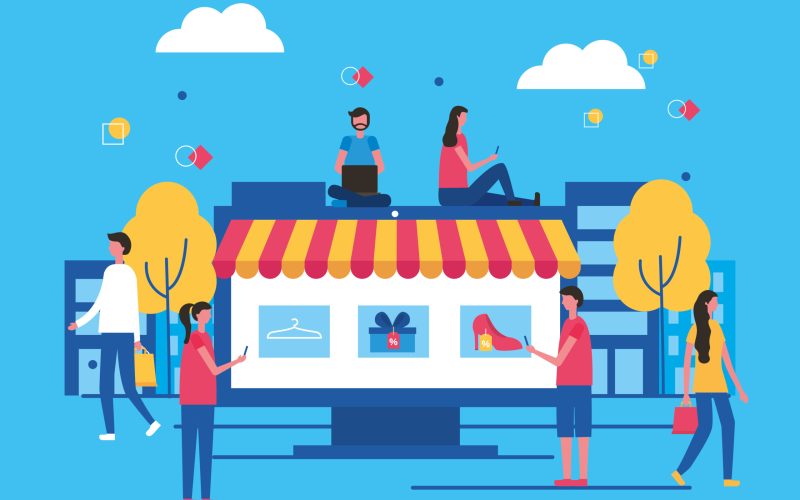 people online buying computer shop clothes city park outdoor vector illustration